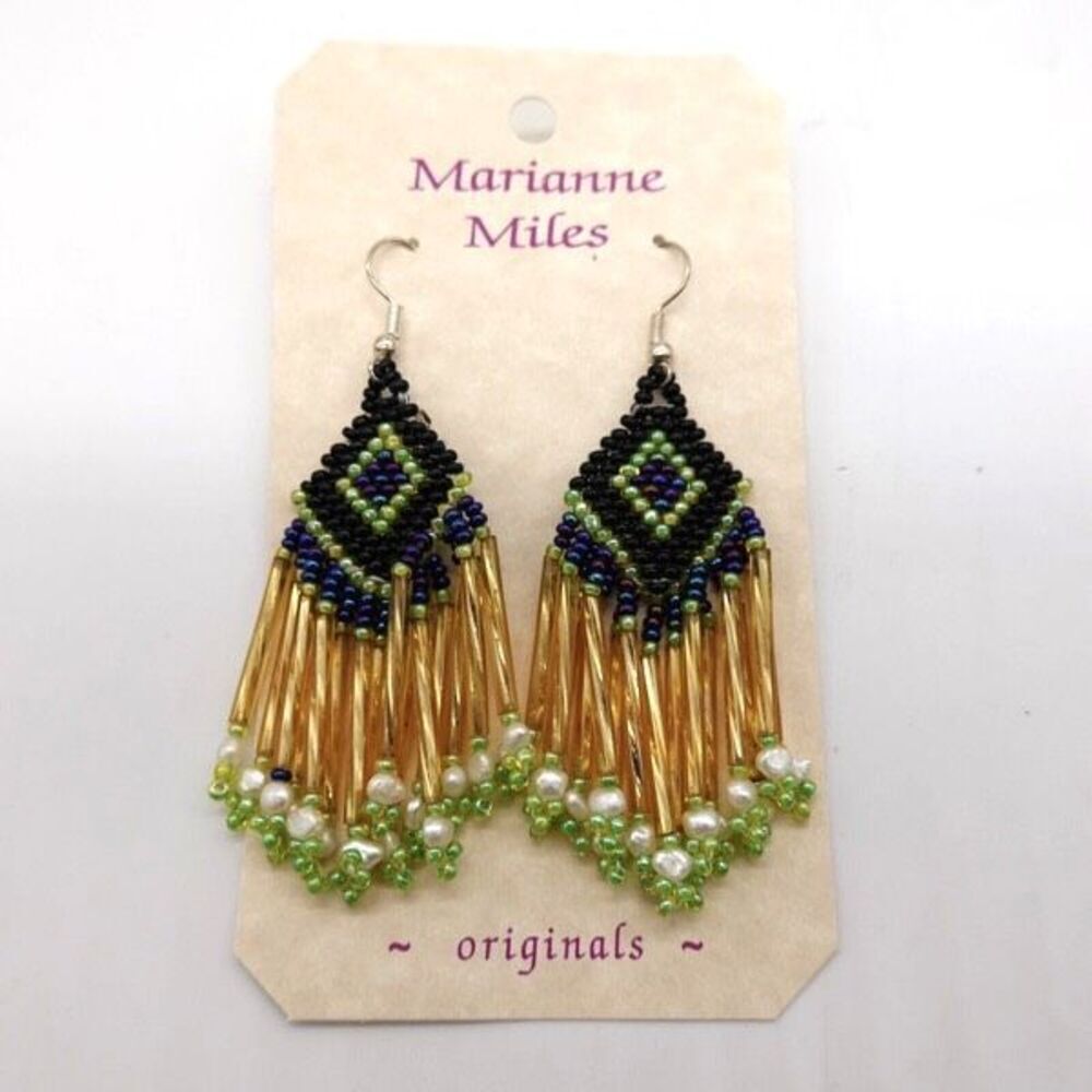Handmade Native American Style Beaded Tassel Dangle Earrings Green Gold Purple